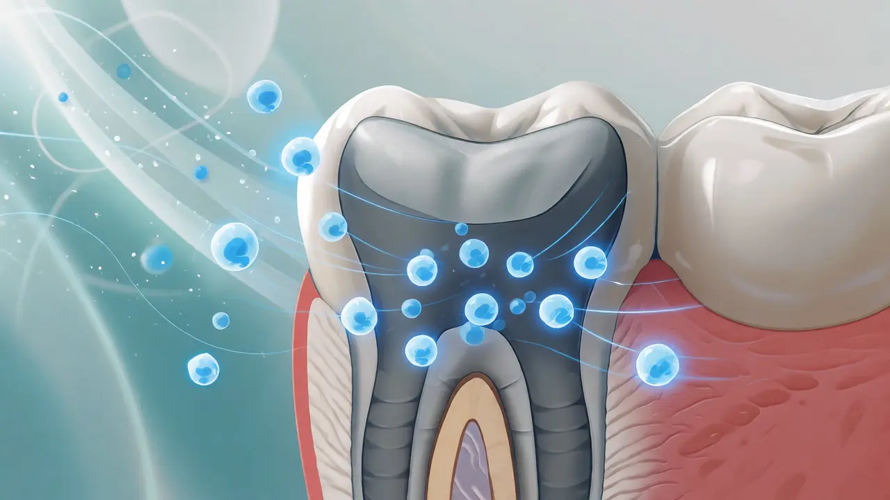 Schéma uvolňování fluoridu ze skloionomerní plomby do zubu