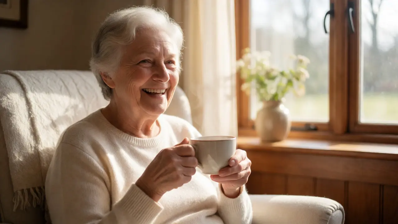Spokojená seniorka s pevně sedící protézou při pití čaje