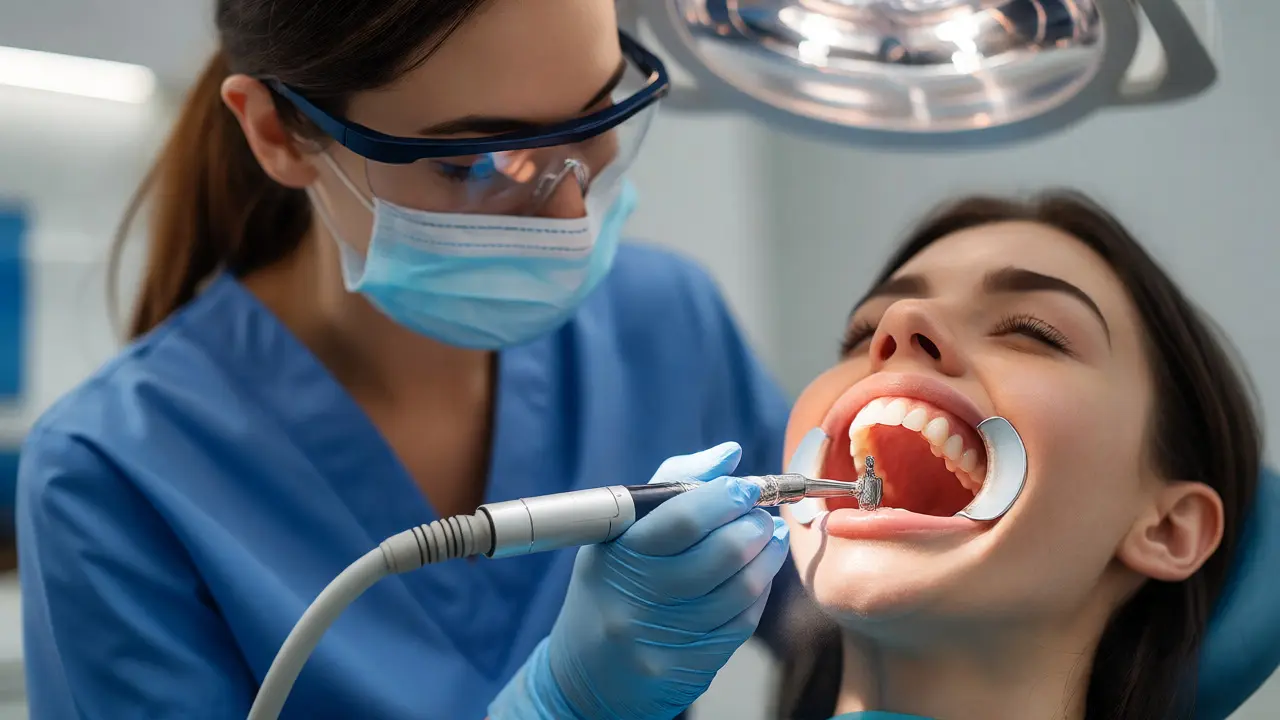Dentální hygienistka odstraňuje zubní kámen ultrazvukem