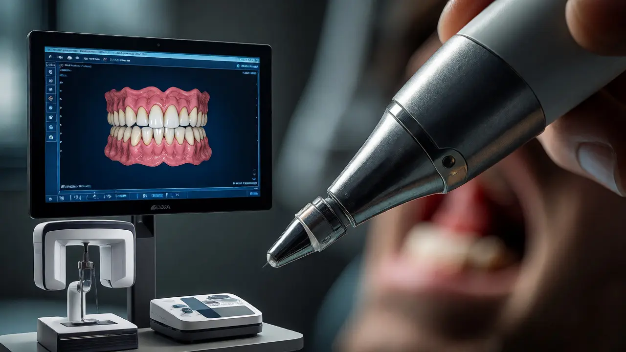 Intraorální skener zobrazující 3D model zubů vedle CBCT přístroje