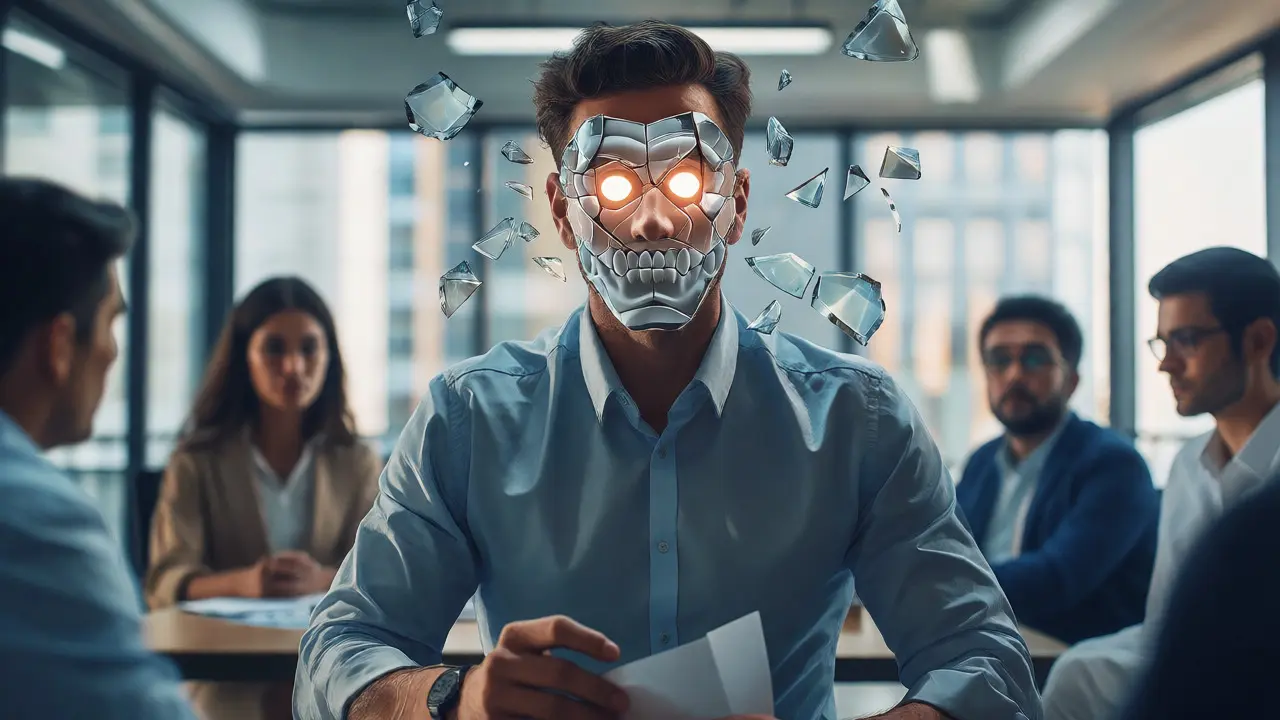 Koncepční ilustrace muže s rozbitou maskou obličeje na pracovní schůzce.