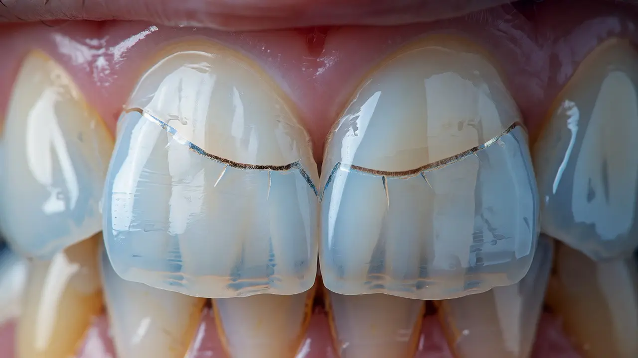 Makro snímek praskliny v zubní sklovině odhalující žlutý dentin pod povrchem.