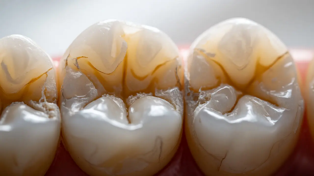 Makro záběr na opotřebené zuby s odhaleným dentinem