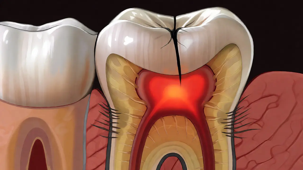 Řez zubem znázorňující prasklinu sahající do dentinu