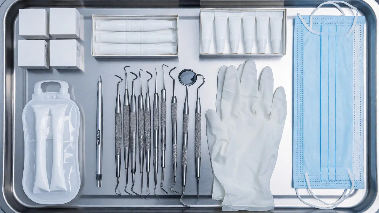 Sada stomatologických nástrojů, spotřebního materiálu a sterilizačních pomůcek