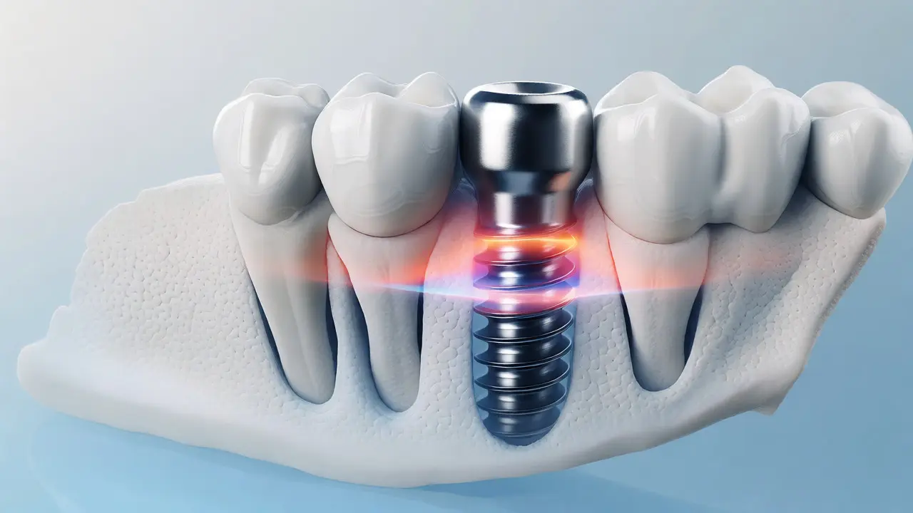 Titanový zubní implantát pevně ukotvený v zahojené čelistní kosti.