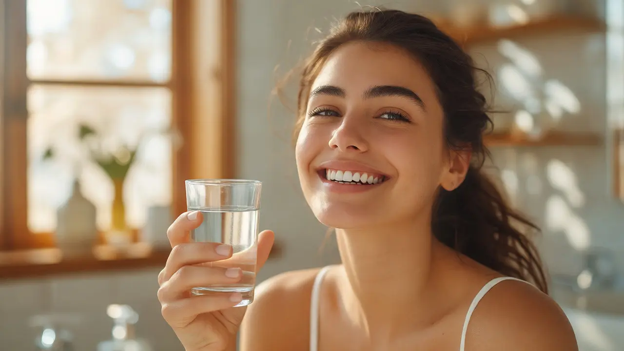 Žena se zářivým úsměvem drží sklenici vody po čištění zubů.