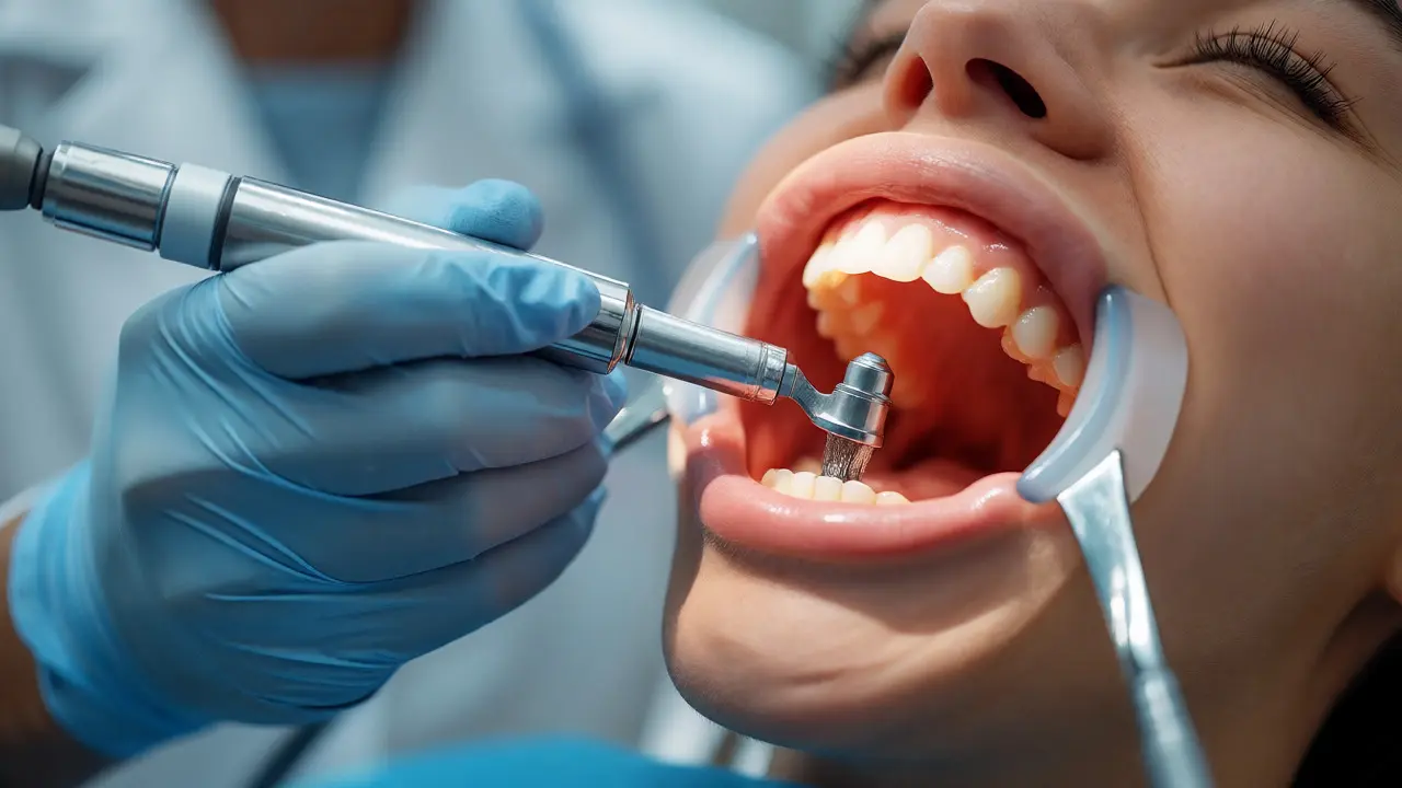 Zubní hygienista odstraňuje kámen ultrazvukovým přístrojem